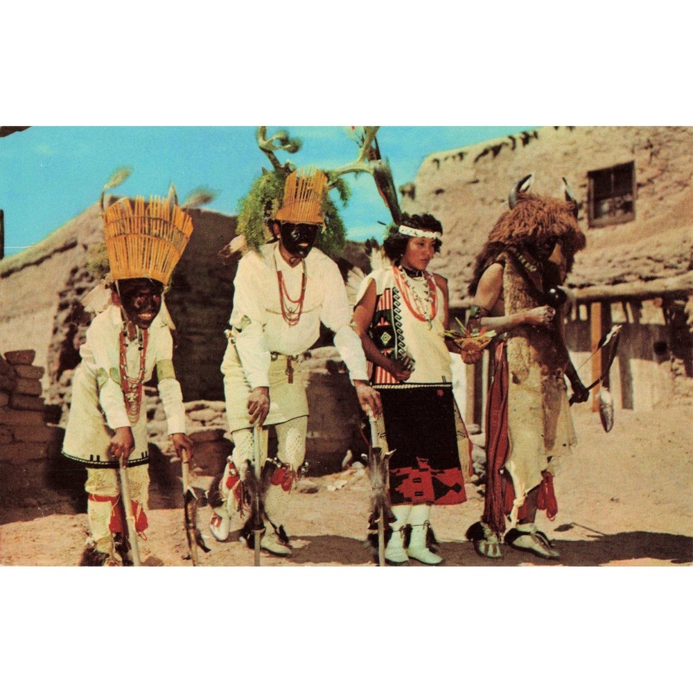 Vintage Santa Clara Pueblo New Mexico Deer Buffalo Dancers Linen Postcard K-458 - Picture 1 of 2